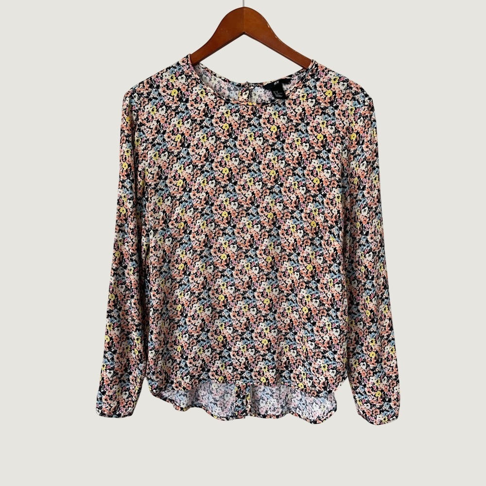 HM Womens Floral Long Sleeve Blouse Black Pink Blue Cottagecore Top Size 8